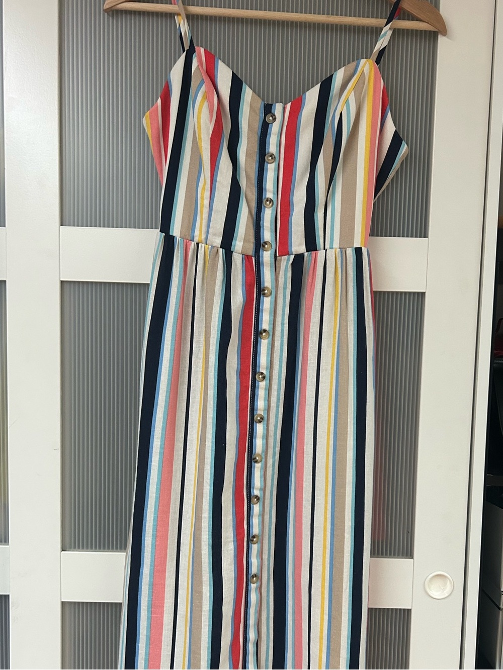 Emerald Sundae Striped Button-Front Maxi Dress in Navy, Red, Pink, Yellow, Cream